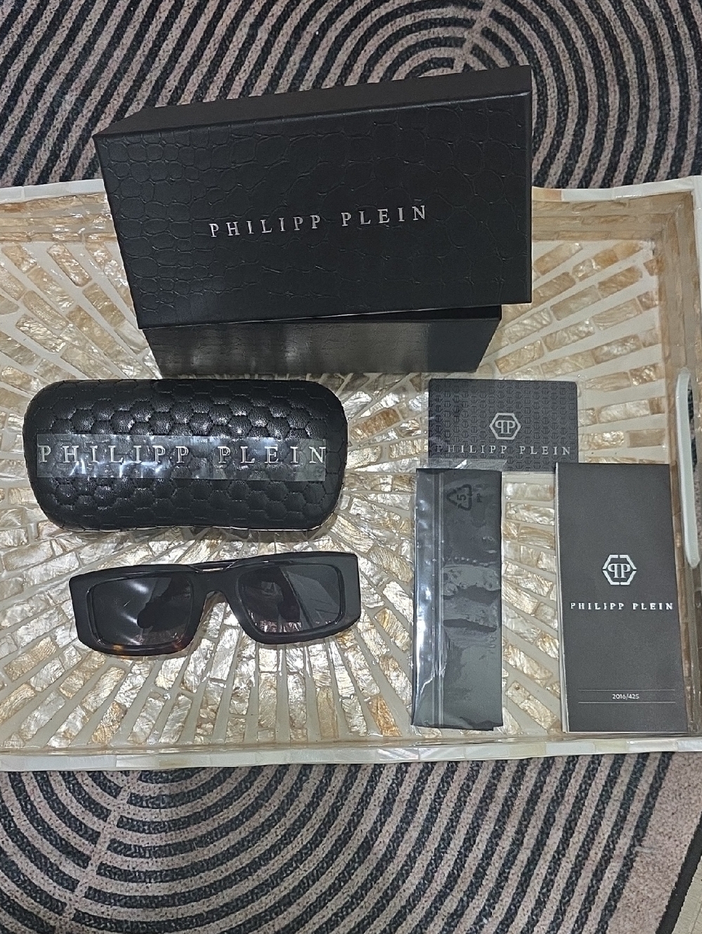 Philipp Plein Black Rectangular Sunglasses with Branded Case and Packaging
